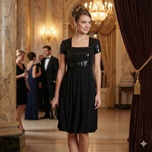 JOSEPH RIBKOFF Bubble Hem Empire Cut Square Neck Dress Black Patent Trim Sz 14